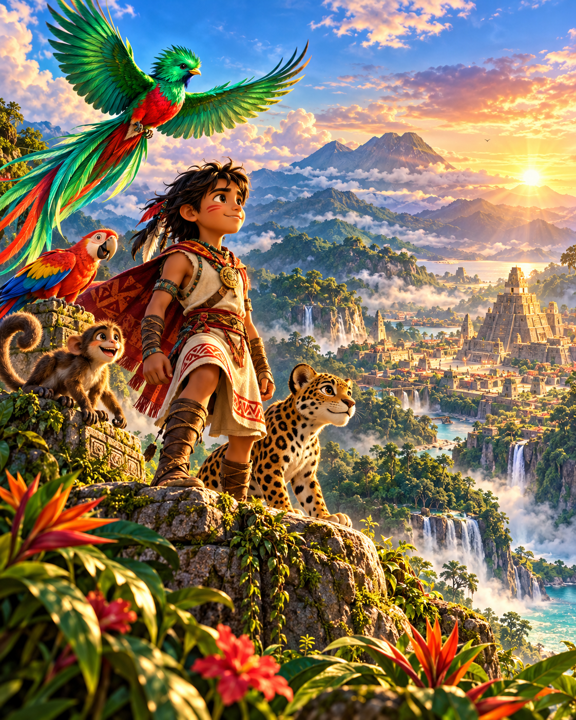 Young Tecum and his animal friends overlook a colourful Guatemalan-inspired landscape of mountains, forests, waterfalls and an ancient city